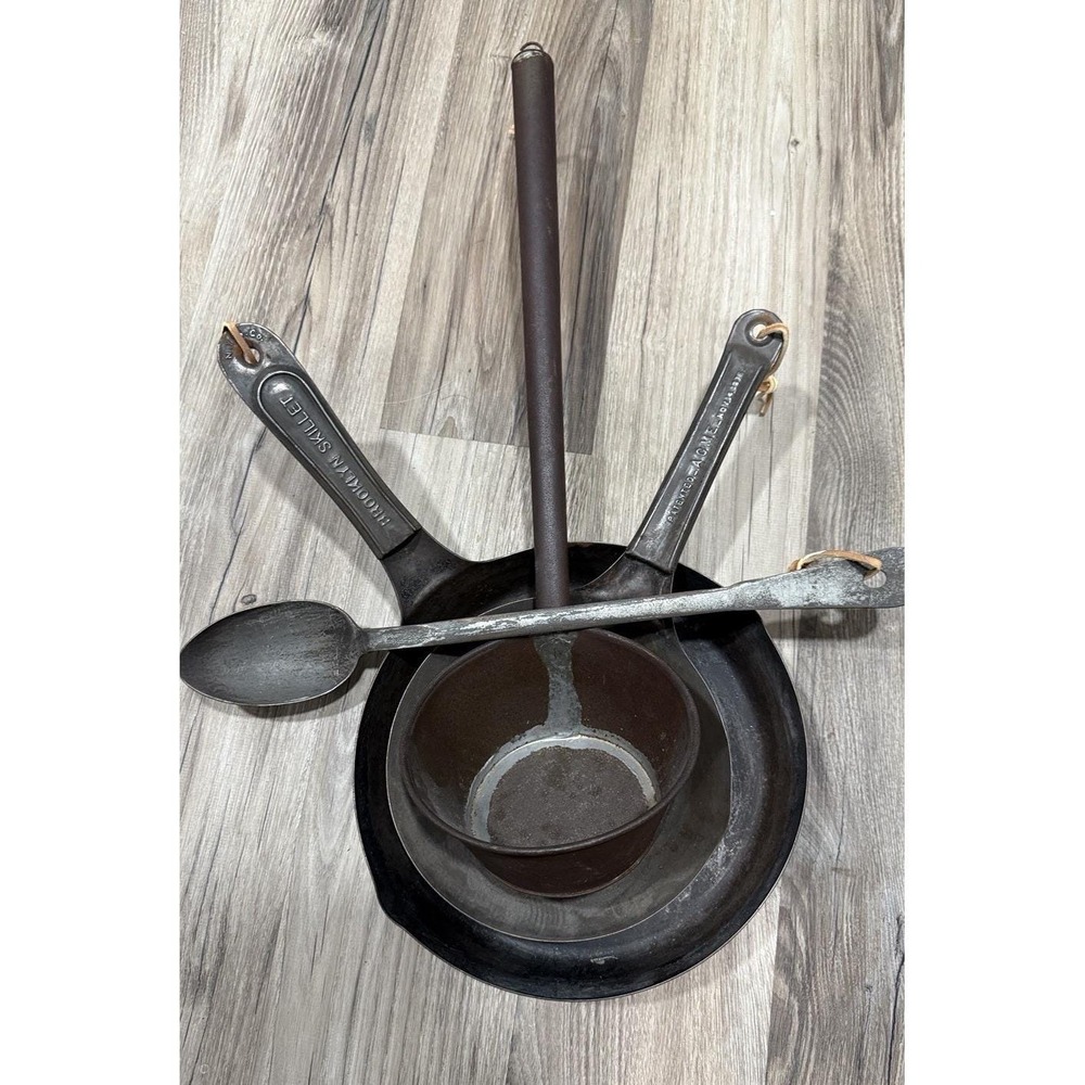 Vtg‎ Brooklyn Skillet Acme Patented Pan Ladle Spoon Primitive Iron Cookware Set